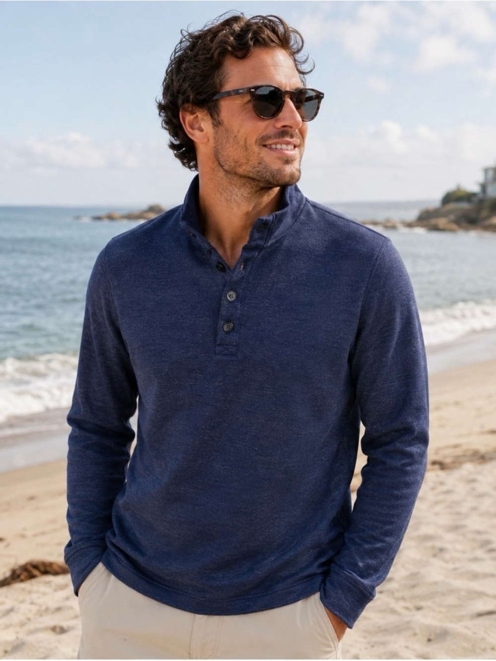 Marine Layer Mock Neck Henley Sweater Large Navy Blue - Excellent Condition